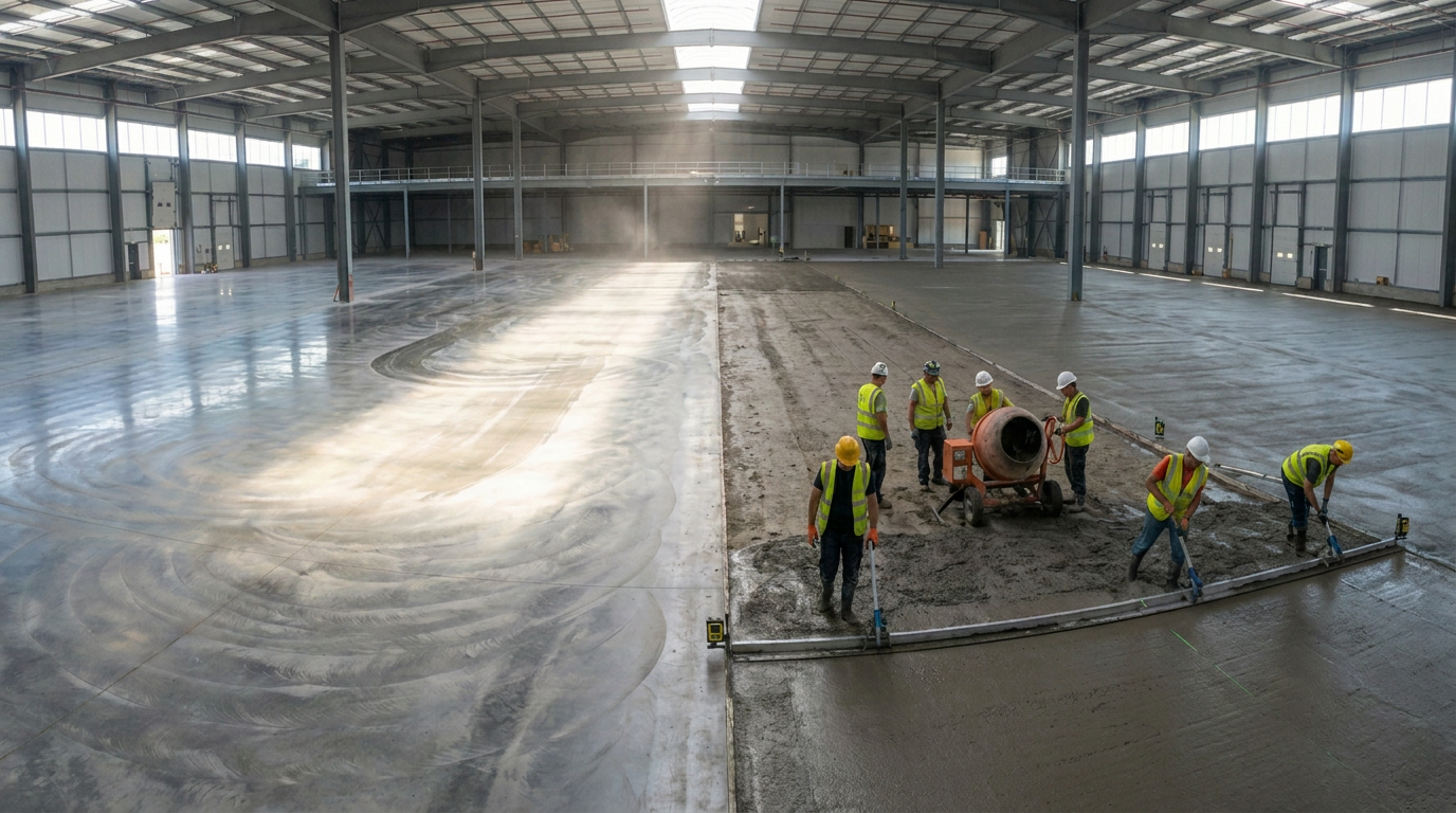 Kru pekerja mengerjakan lantai beton dengan molen di gudang industri